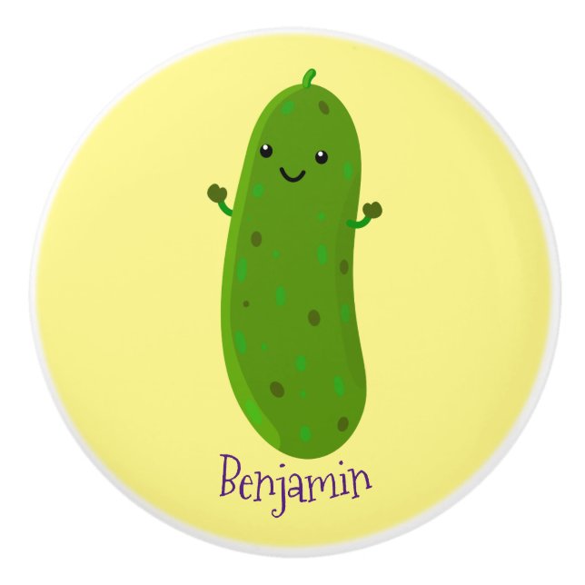 Cute happy pickle cartoon illustration ceramic knob (Front)