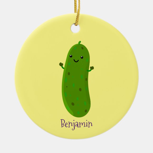 Cute happy pickle cartoon illustration ceramic tree decoration (Front)