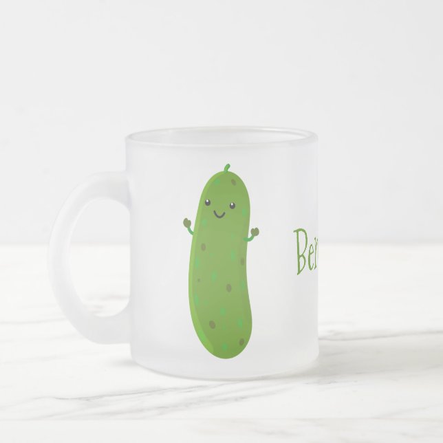 Cute happy pickle cartoon illustration frosted glass coffee mug (Left)