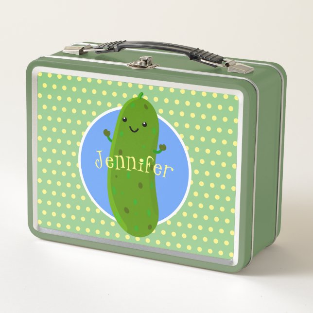Cute happy pickle cartoon illustration metal lunch box (Front)
