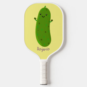 Cute happy pickle cartoon illustration pickleball paddle