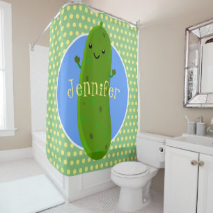 Cute happy pickle cartoon illustration shower curtain