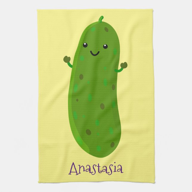 Cute happy pickle cartoon illustration tea towel (Vertical)