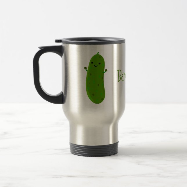 Cute happy pickle cartoon illustration travel mug (Left)