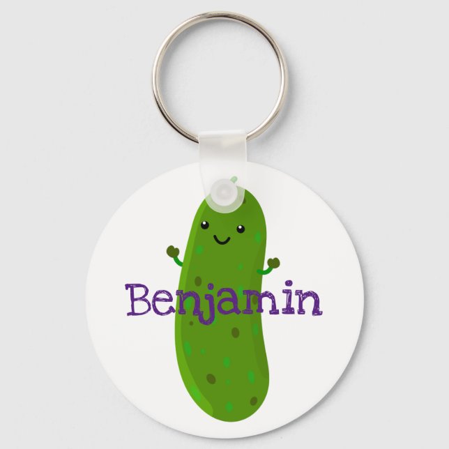 Cute happy pickle cucumber cartoon illustration key ring (Front)