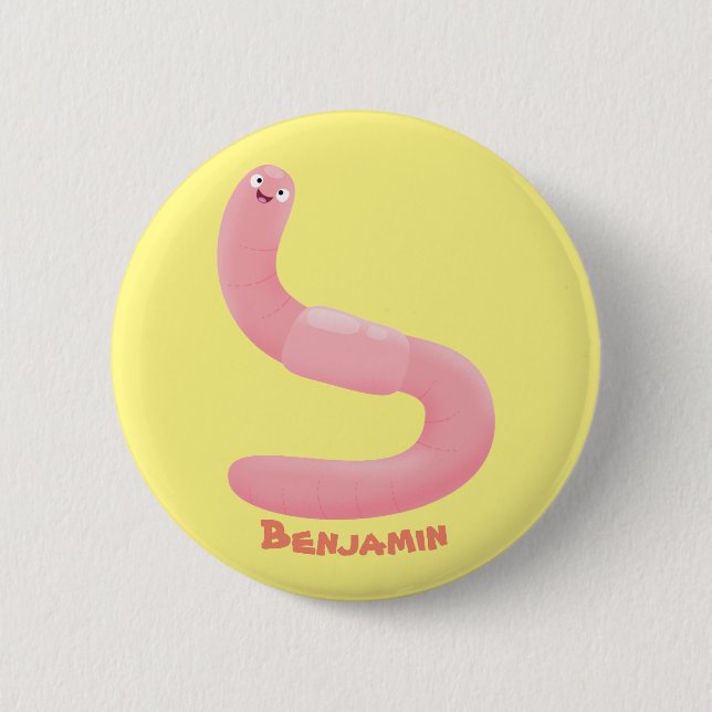Cute happy pink earthworm cartoon 6 cm round badge (Front)