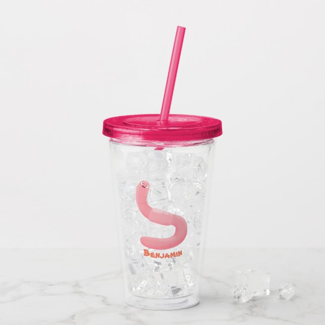 Cute happy pink earthworm cartoon acrylic tumbler (Back Ice)