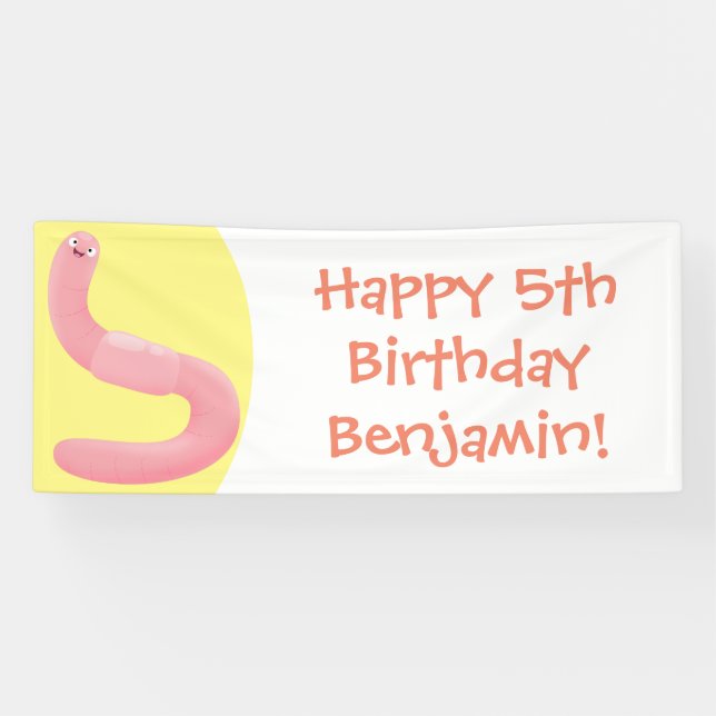 Cute happy pink earthworm cartoon banner (Horizontal)