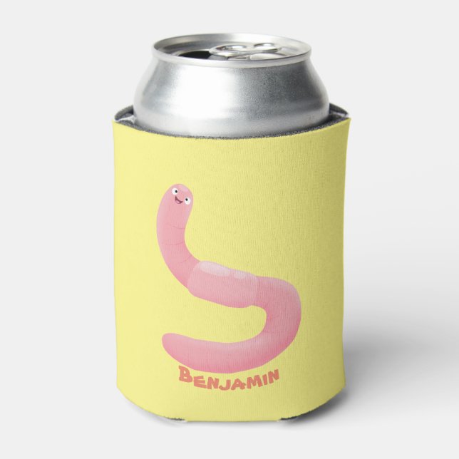 Cute happy pink earthworm cartoon can cooler (Can Front)