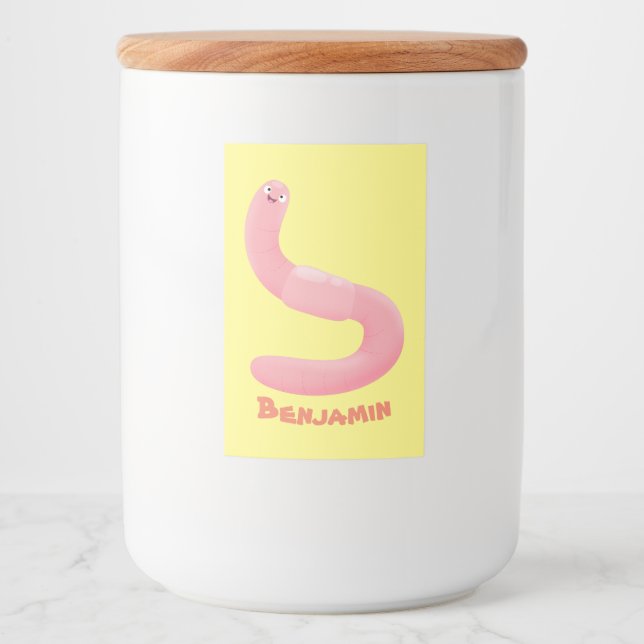 Cute happy pink earthworm cartoon food label (Front)