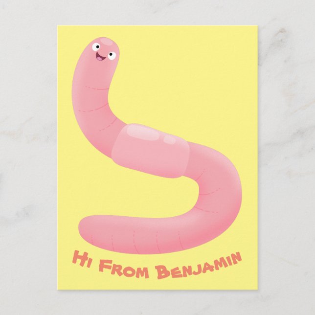 Cute happy pink earthworm cartoon postcard (Front)