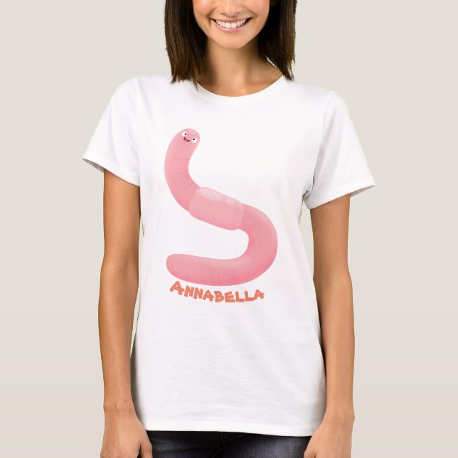 Cute happy pink earthworm cartoon T-Shirt (Front)