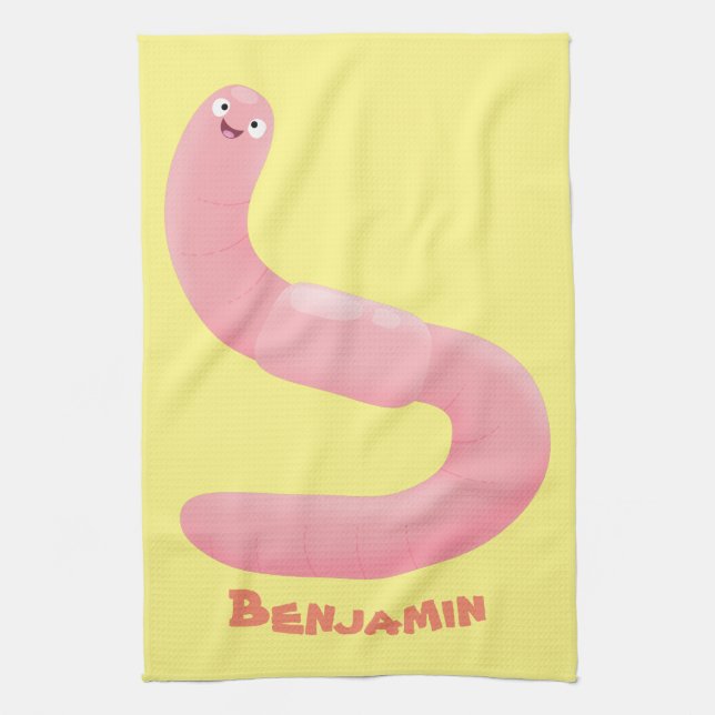 Cute happy pink earthworm cartoon tea towel (Vertical)