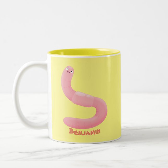 Cute happy pink earthworm cartoon Two-Tone coffee mug (Left)
