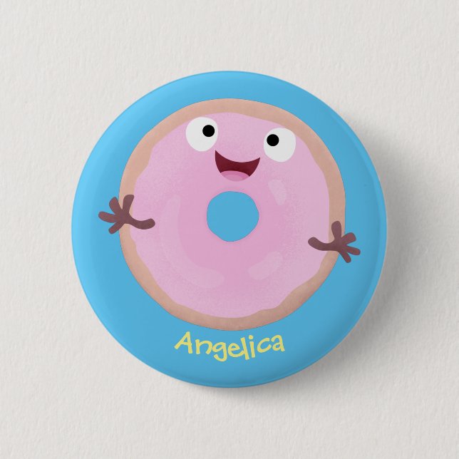 Cute happy pink glazed doughnut cartoon 6 cm round badge (Front)