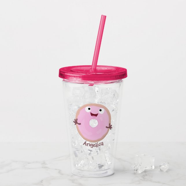 Cute happy pink glazed doughnut cartoon acrylic tumbler (Back Ice)