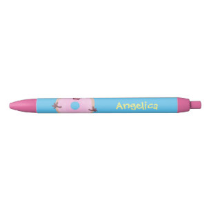 Cute happy pink glazed doughnut cartoon black ink pen