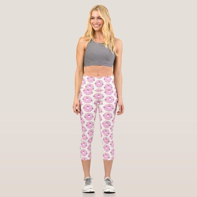Cute happy pink glazed doughnut cartoon capri leggings (Front)