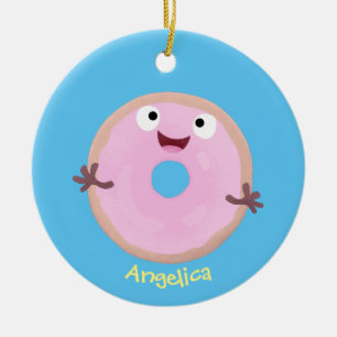 Cute happy pink glazed doughnut cartoon ceramic tree decoration