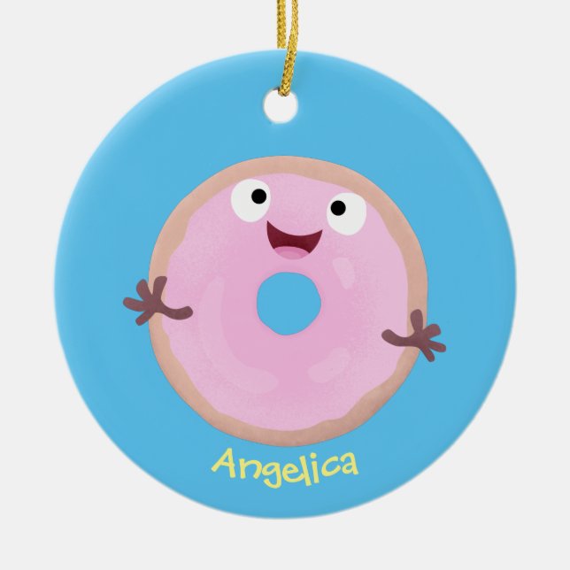 Cute happy pink glazed doughnut cartoon ceramic tree decoration (Front)