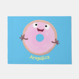 Cute happy pink glazed doughnut cartoon doormat