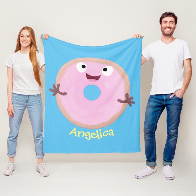 Cute happy pink glazed doughnut cartoon fleece blanket (In Situ)