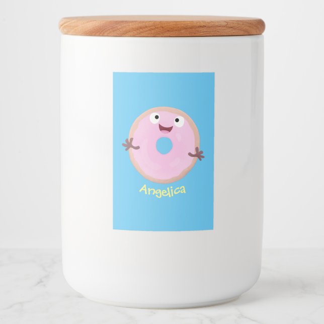 Cute happy pink glazed doughnut cartoon food label (Front)