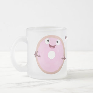 Cute happy pink glazed doughnut cartoon frosted glass coffee mug