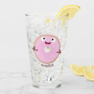 Cute happy pink glazed doughnut cartoon glass