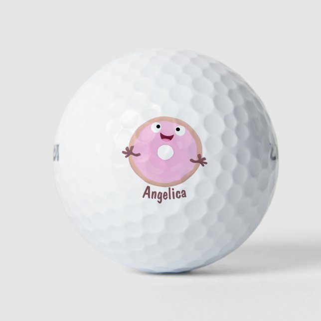 Cute happy pink glazed doughnut cartoon golf balls (Front)