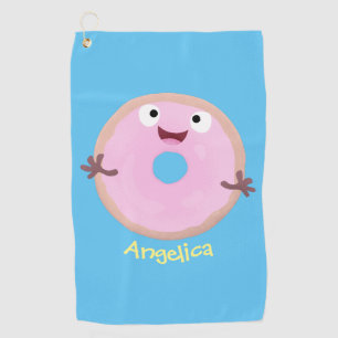 Cute happy pink glazed doughnut cartoon  golf towel