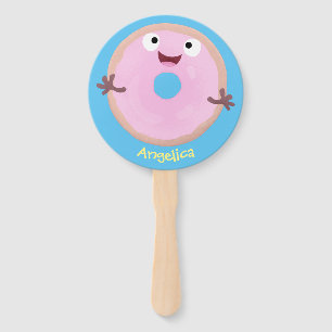 Cute happy pink glazed doughnut cartoon hand fan