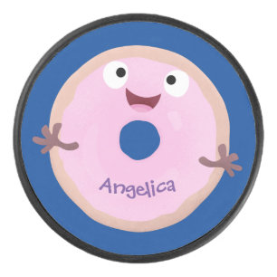 Cute happy pink glazed doughnut cartoon hockey puck