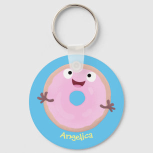 Cute happy pink glazed doughnut cartoon key ring