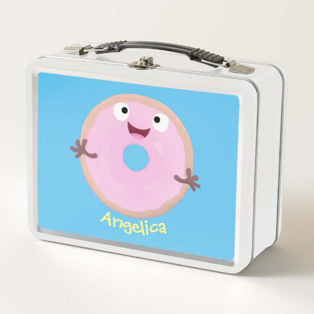 Cute happy pink glazed doughnut cartoon metal lunch box (Front)