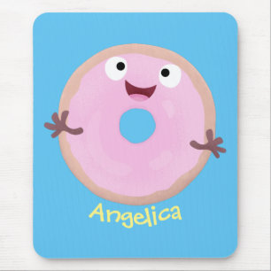 Cute happy pink glazed doughnut cartoon mouse mat