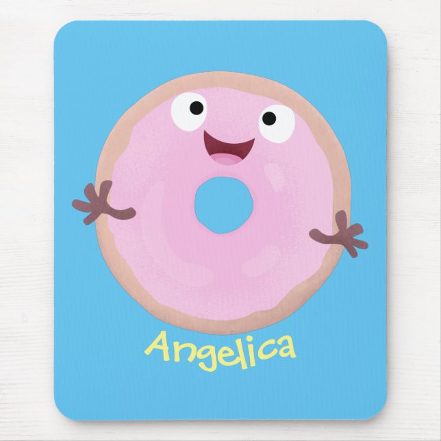 Cute happy pink glazed doughnut cartoon mouse mat (Front)