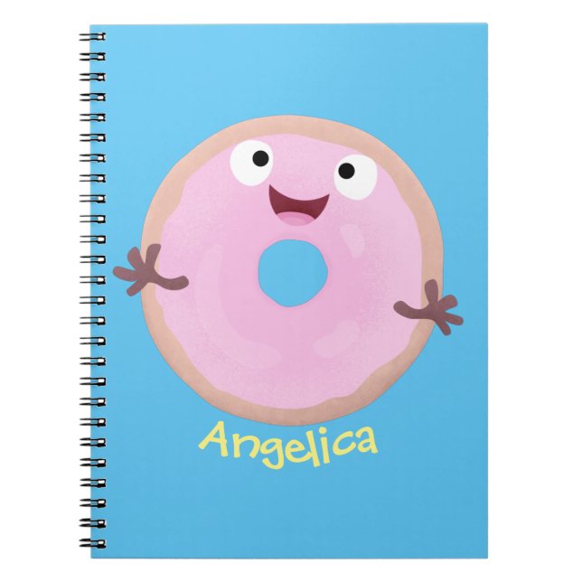 Cute happy pink glazed doughnut cartoon notebook (Front)