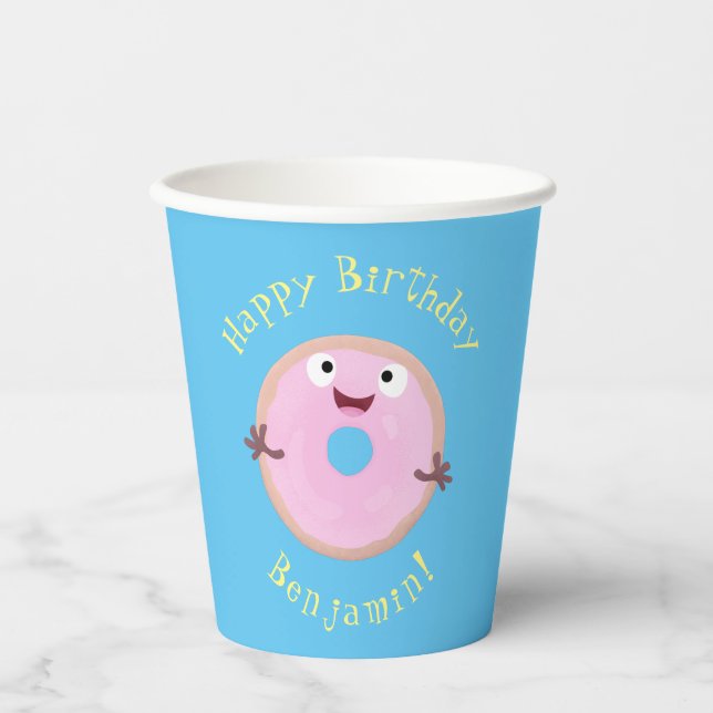 Cute happy pink glazed doughnut cartoon paper cups (Front)