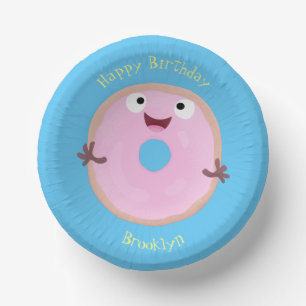 Cute happy pink glazed doughnut cartoon paper plate