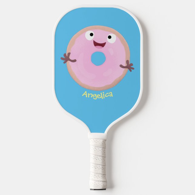 Cute happy pink glazed doughnut cartoon  pickleball paddle (Front)