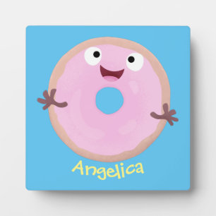 Cute happy pink glazed doughnut cartoon plaque