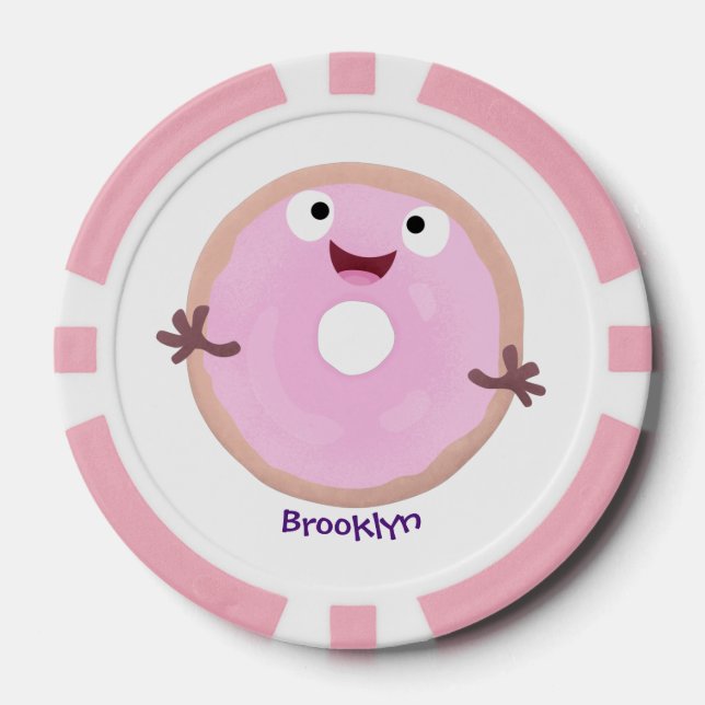 Cute happy pink glazed doughnut cartoon poker chips (Front)