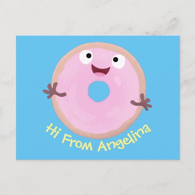 Cute happy pink glazed doughnut cartoon postcard (Front)