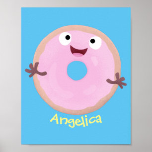 Cute happy pink glazed doughnut cartoon poster