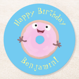 Cute happy pink glazed doughnut cartoon round paper coaster