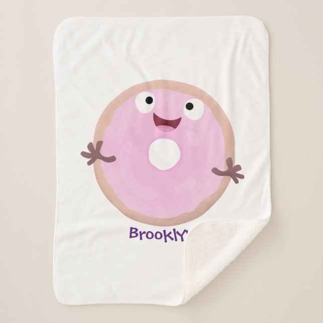 Cute happy pink glazed doughnut cartoon sherpa blanket (Front)
