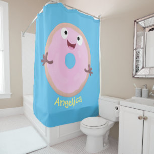 Cute happy pink glazed doughnut cartoon shower curtain