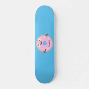 Cute happy pink glazed doughnut cartoon skateboard