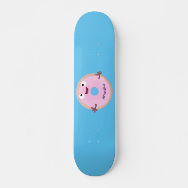 Cute happy pink glazed doughnut cartoon skateboard (Front)